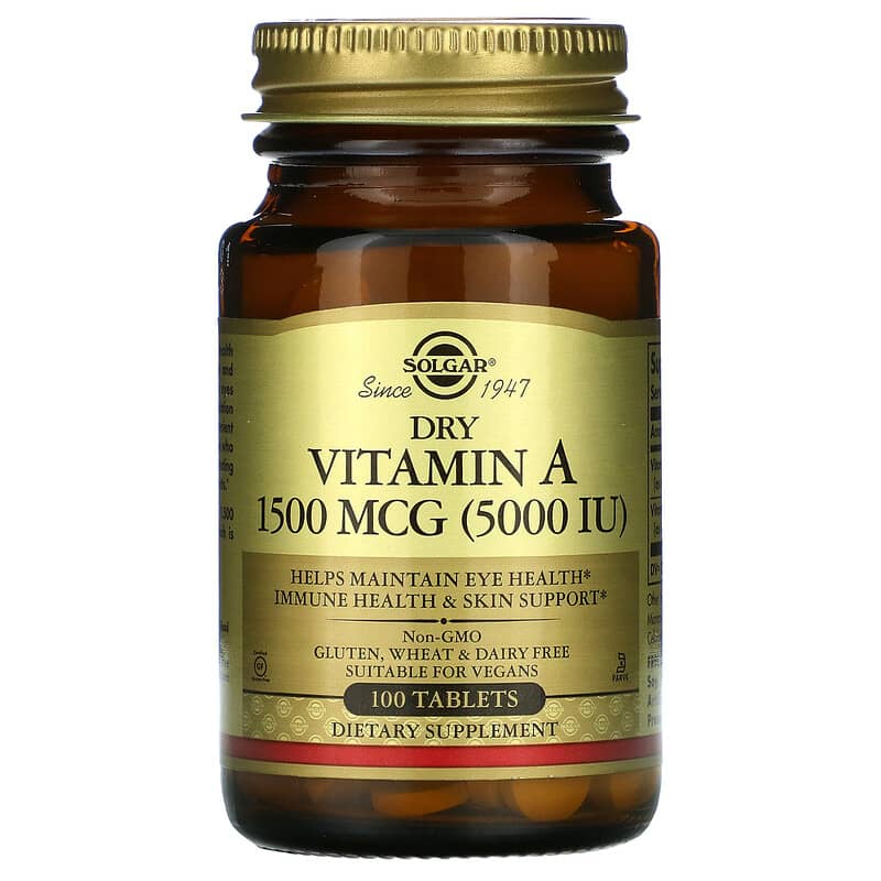 Вітамін А, Solgar Dry Vitamin A, 5000 МО, 100 таблеток