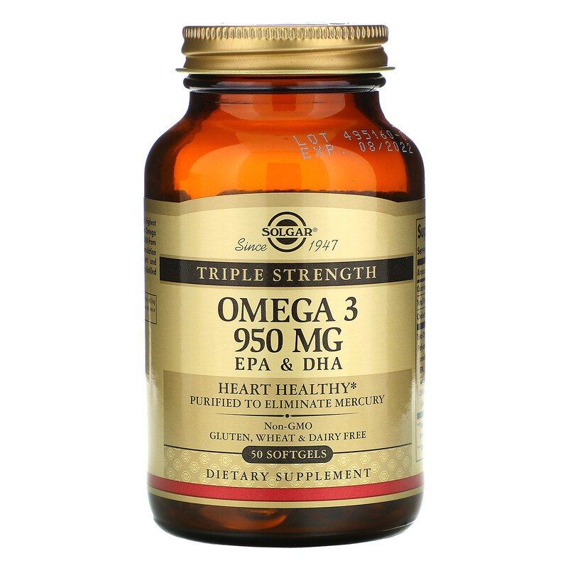 Омега-3, ЕПК та ДГК, Solgar Triple Strength Omega-3, 950 мг, 50 м'яких капсул
