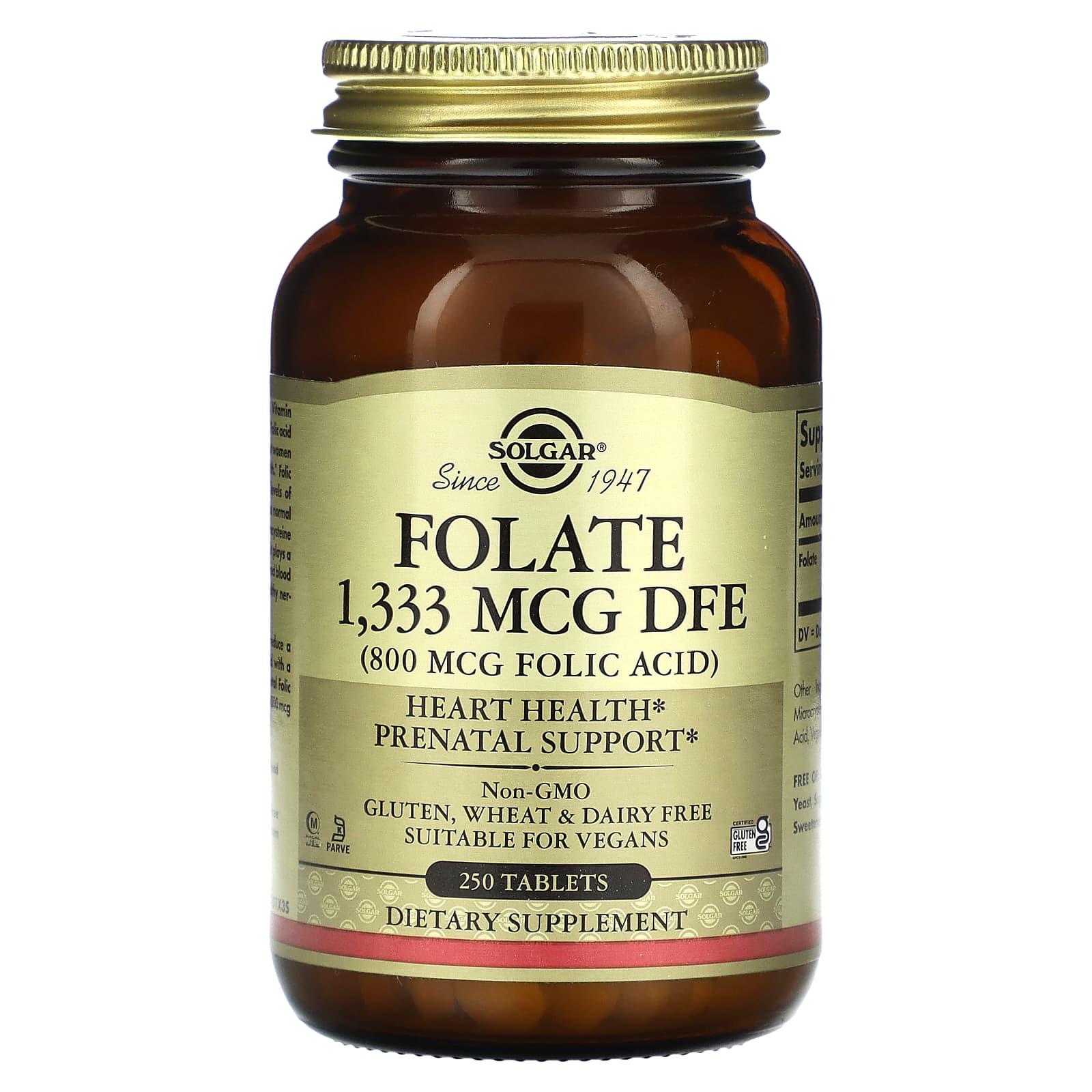 Фолат (вітамін B9), Solgar Folate, 800 мкг (1333 мкг DFE), 250 таблеток