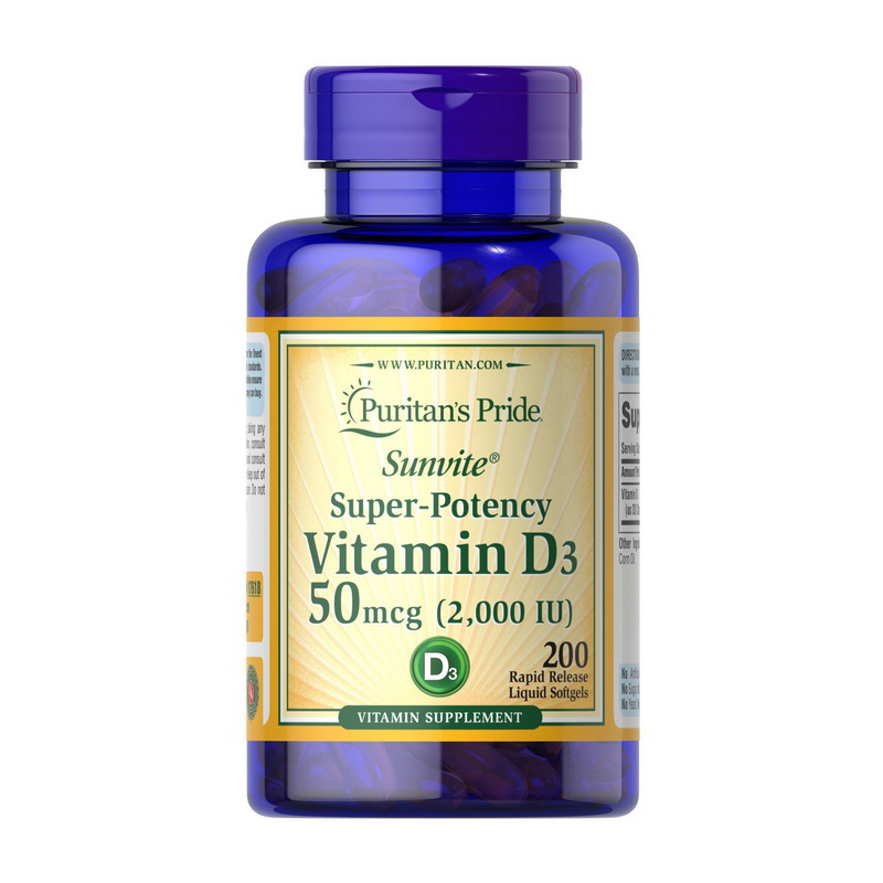 Вітамін D3, Puritan's Pride Vitamin D3, 2000 МО, 200 м'яких капсул