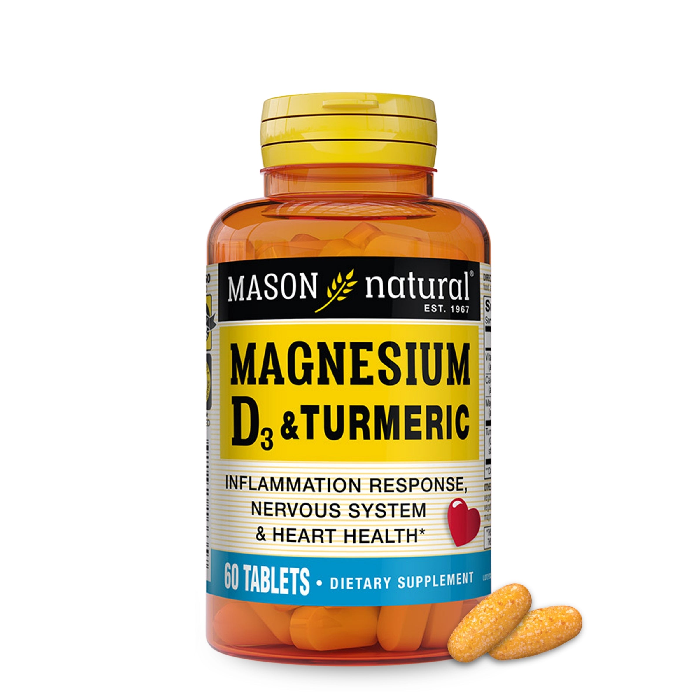 Магній з вітаміном D3 та куркумою, Mason Natural Magnesium & Vitamin D3 With Turmeric, 60 таблеток