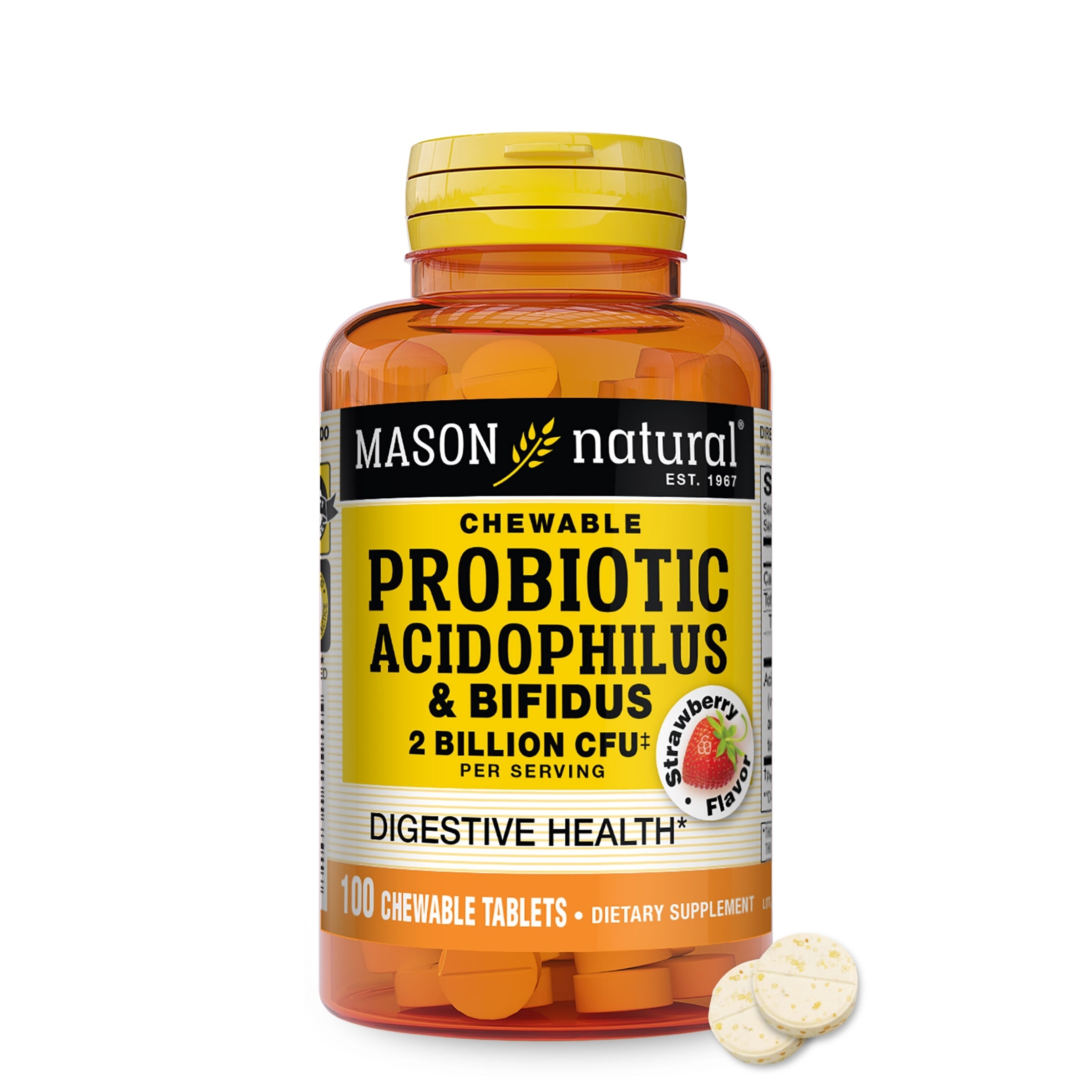Пробіотики для травлення, Mason Natural Probiotic Acidophilus With Bifidus, 2 млрд КУО, 100 жувальних таблеток (Полуниця)