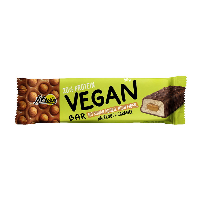 Протеїновий батончик, FitWin 20% Vegan Bar, 50 г (Лісовий горіх, Карамель)