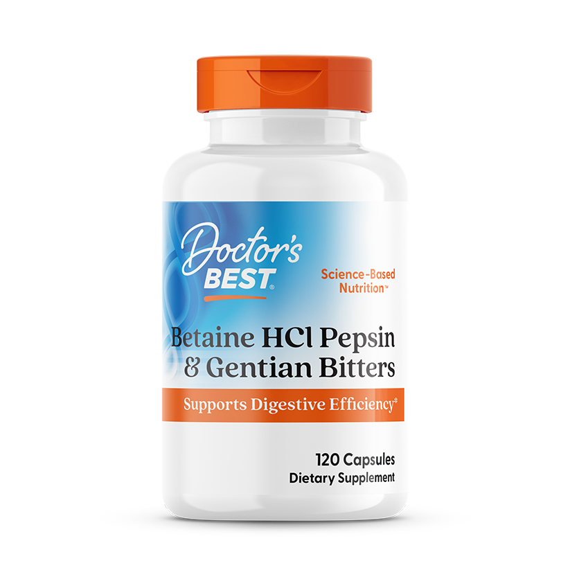 Бетаїн гідрохлорид, пепсин та генціана, Doctor's Best Betaine HCl Pepsin & Gentian Bitters, 120 капсул