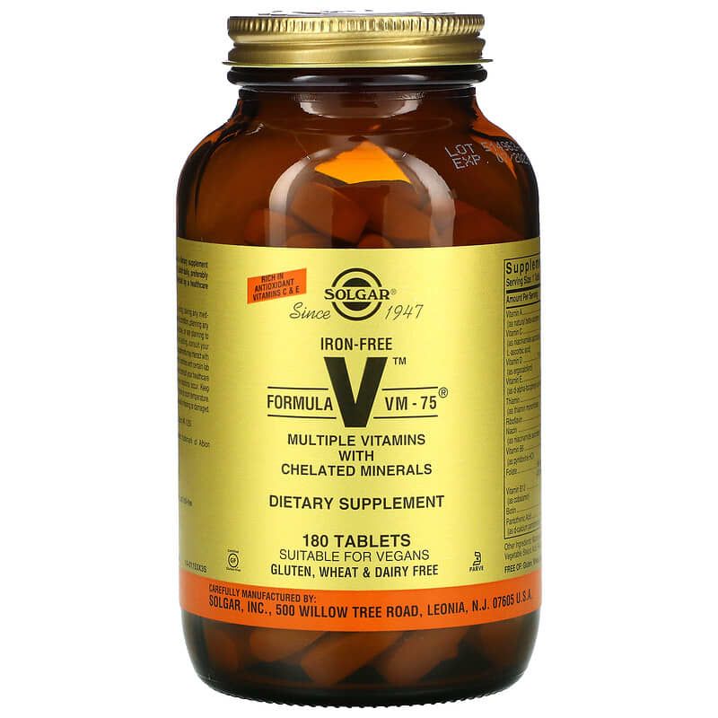 Мультивітаміни та хелатні мінерали без заліза, Solgar Formula V VM-75 Iron-Free, 180 таблеток