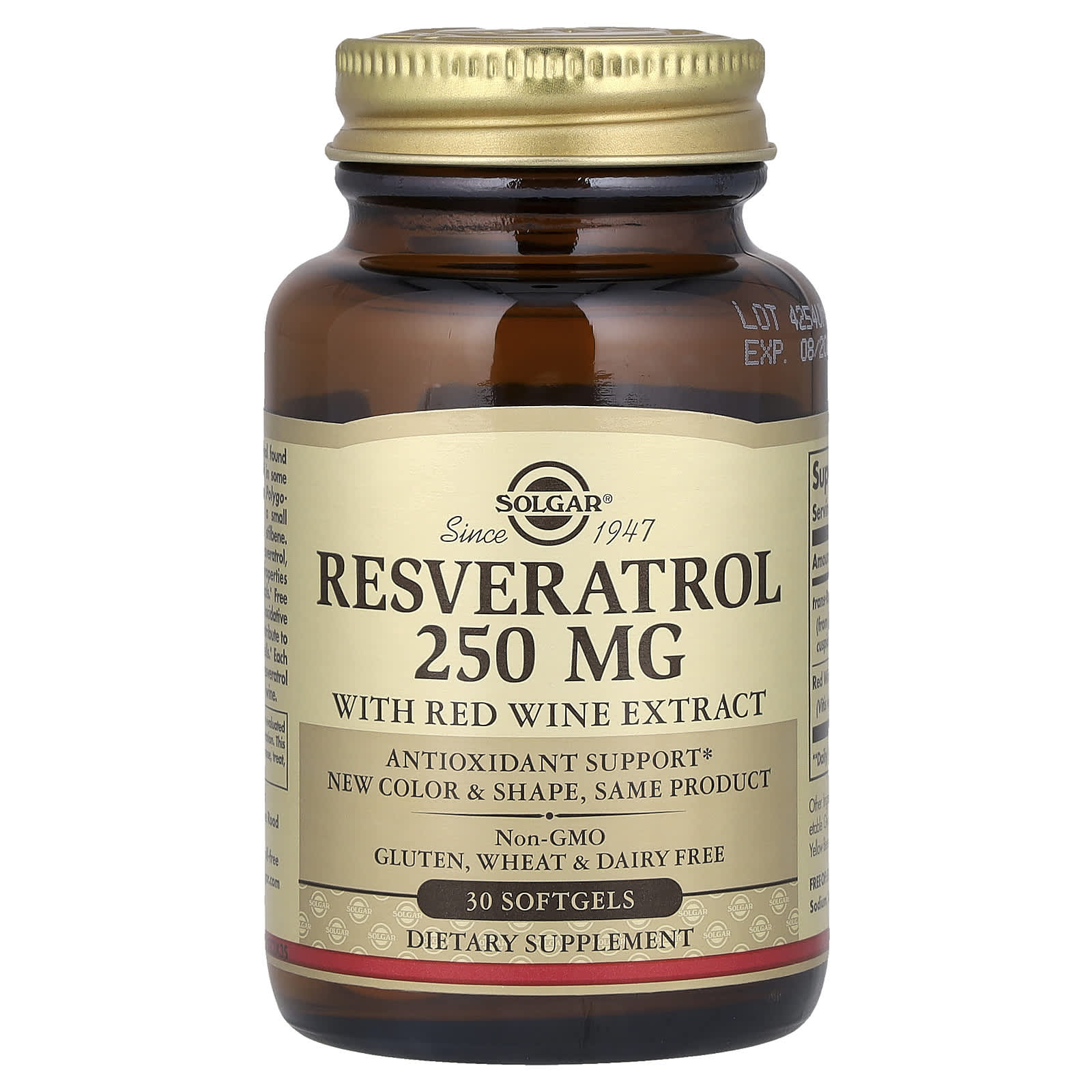 Ресвератрол с экстрактом красного вина, Solgar Resveratrol with Red Wine Extract, 250 мг, 30 мягких капсул
