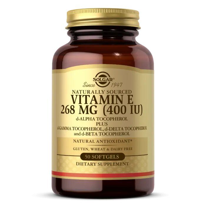 Вітамін Е, Vitamin E, Solgar, натуральний, 268 мг (400 МО), 50 гелевих капсул