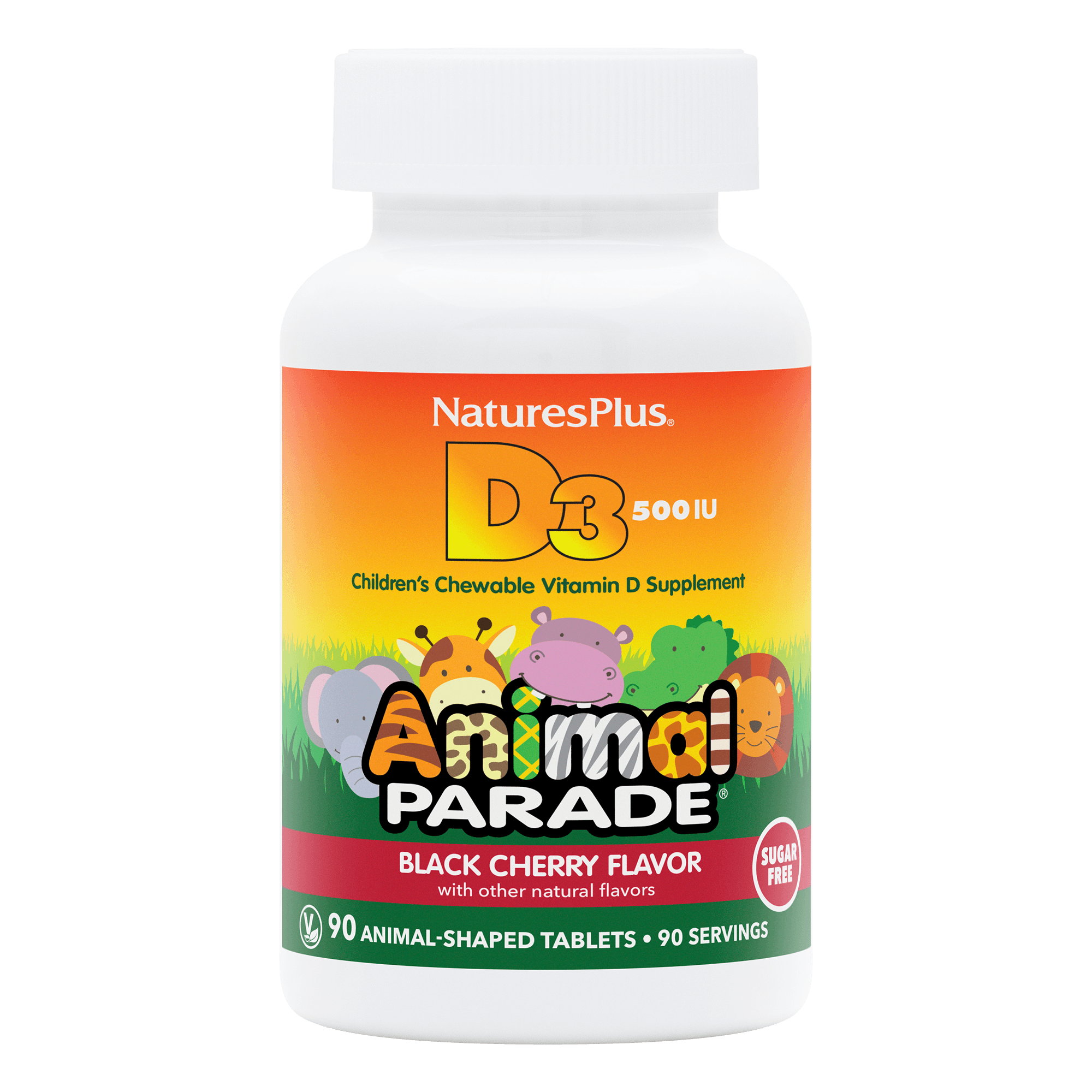 Вітамін D3 для дітей, Natures Plus Animal Parade Vitamin D3, 500 МО, 90 жувальних таблеток (чорна вишня)