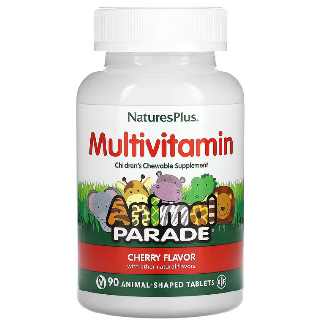 Мультивітаміни та мінерали для дітей, Natures Plus Animal Parade Children's Chewable Multi-Vitamin & Mineral Supplement, 90 жувальних таблеток (Вишня)