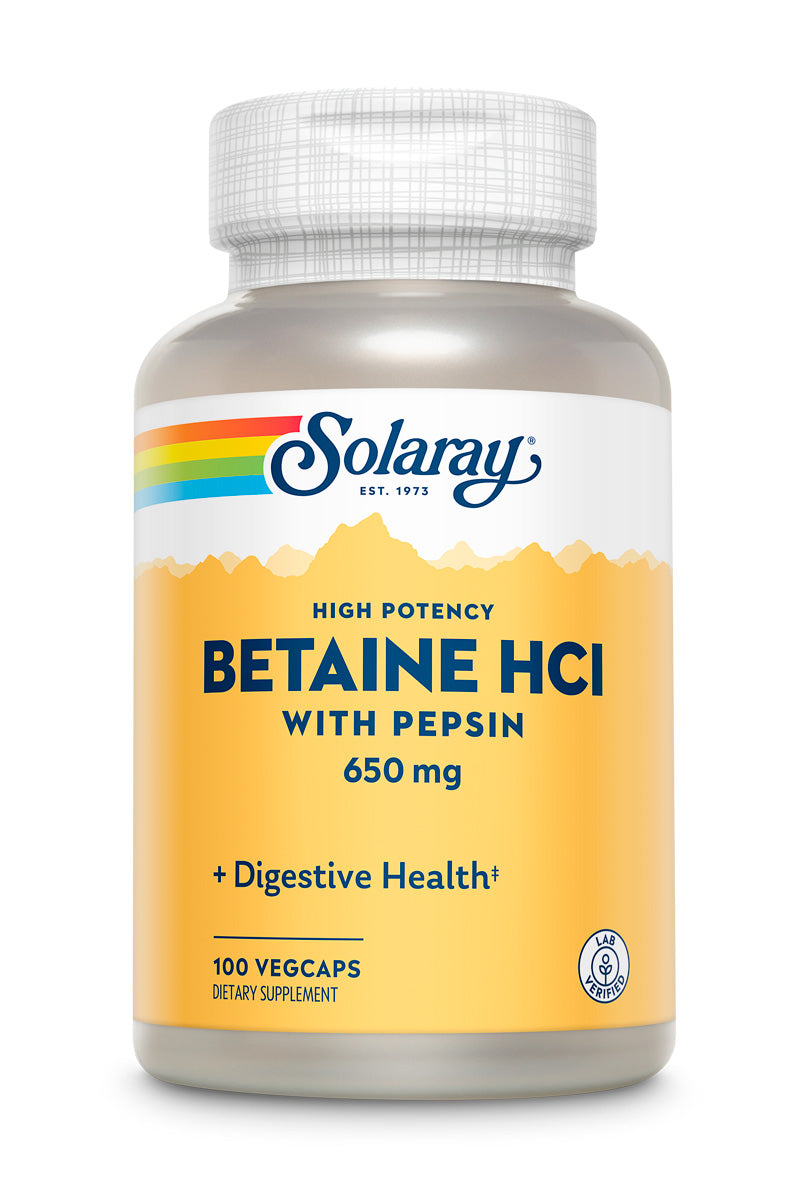 Бетаїн HCl та пепсин, Solaray High Potency Betaine HCL with Pepsin, 650 мг, 100 вегетаріанських капсул