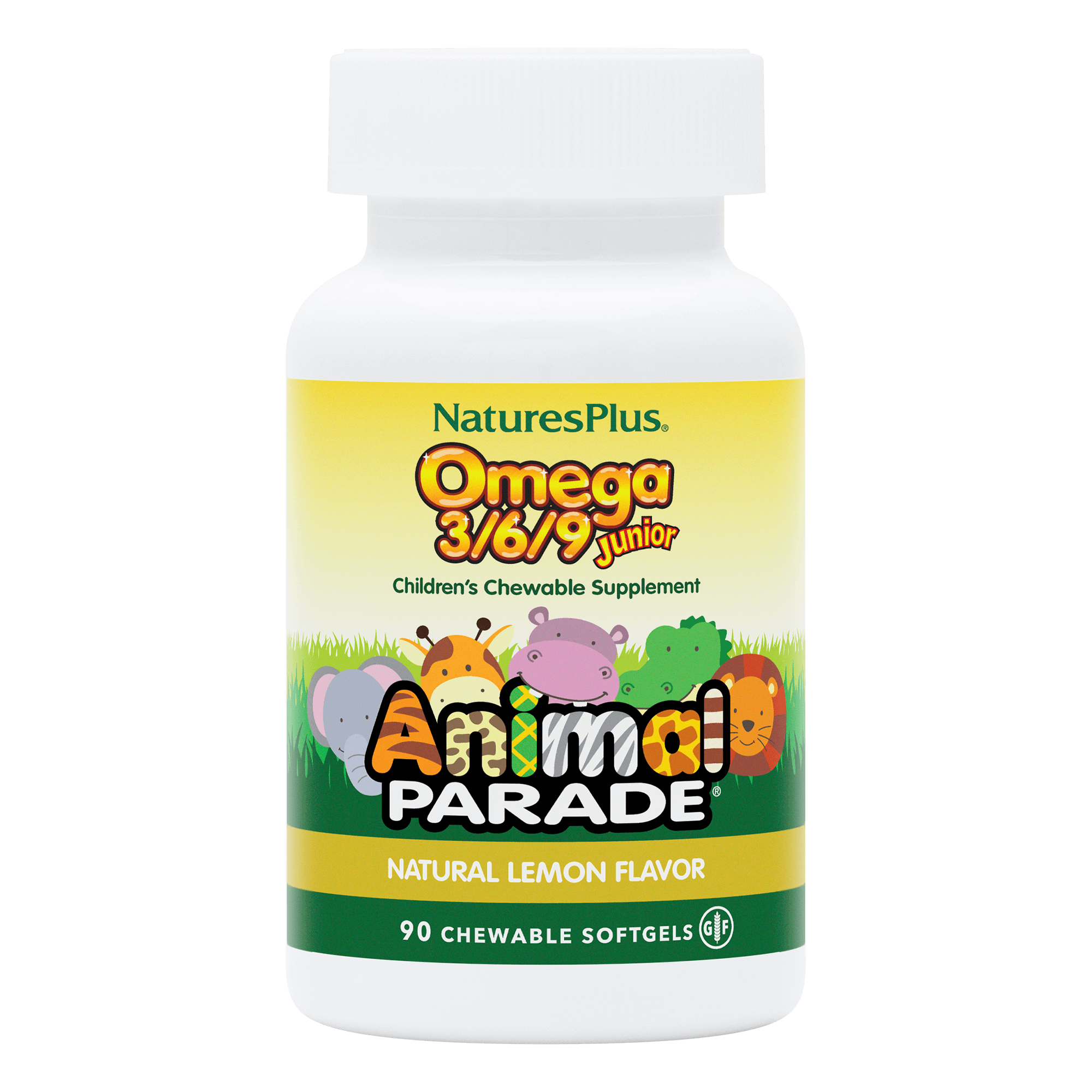 Омега 3-6-9 для дітей, Natures Plus Animal Parade Omega 3/6/9 Junior, 90 м'яких капсул (лимон)