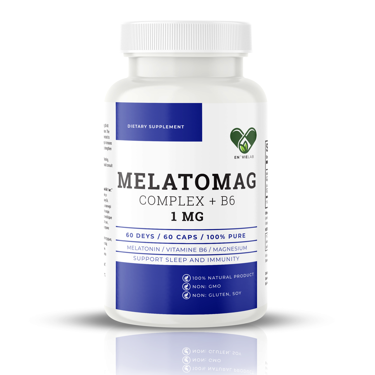 Мелатонін та магній хелат для сну, EN`VIE LAB Melatonin + Magnesium Chelate, 1 мг, 60 капсул