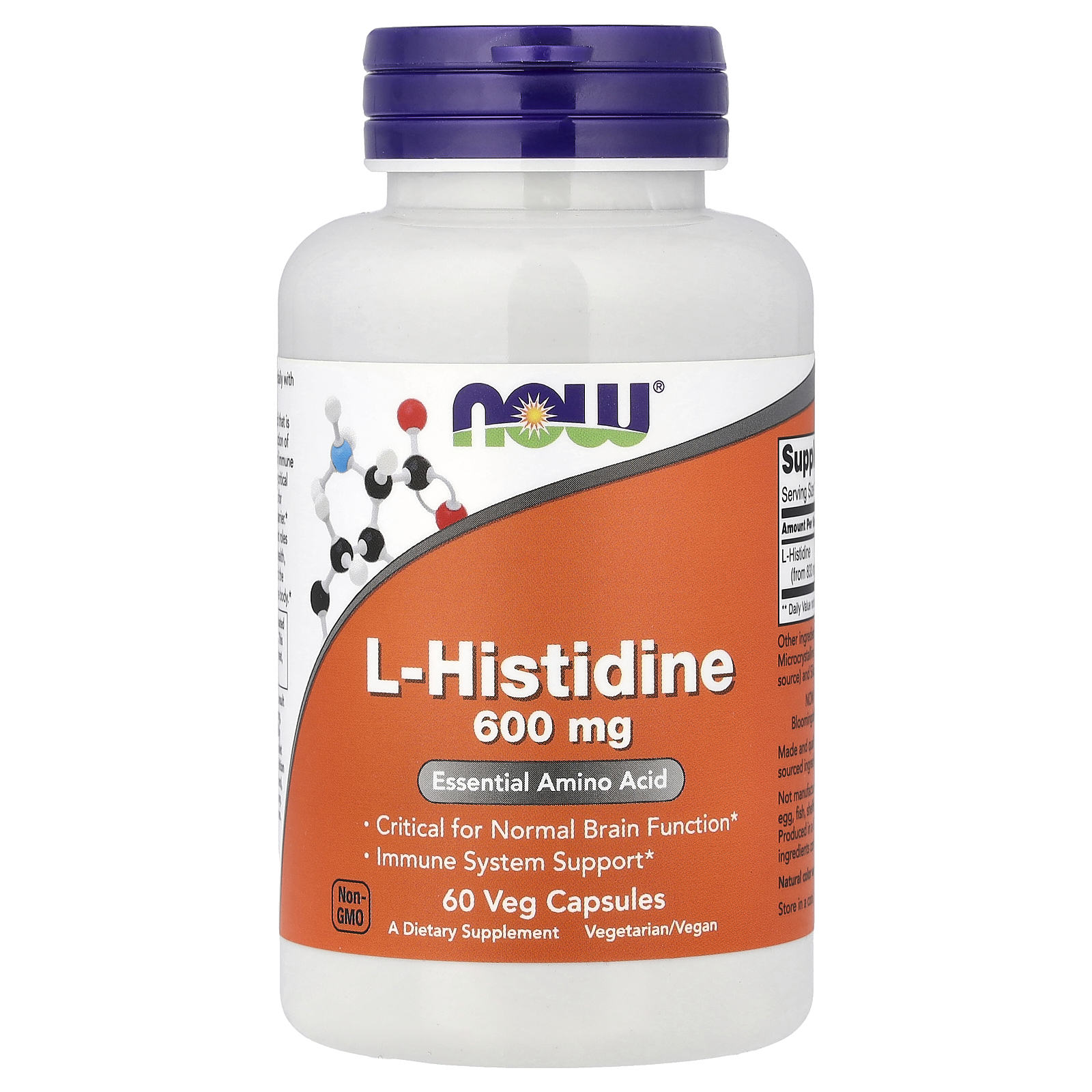 L-гістидин, Now Foods L-Histidine, 600 мг, 60 вегетаріанських капсул