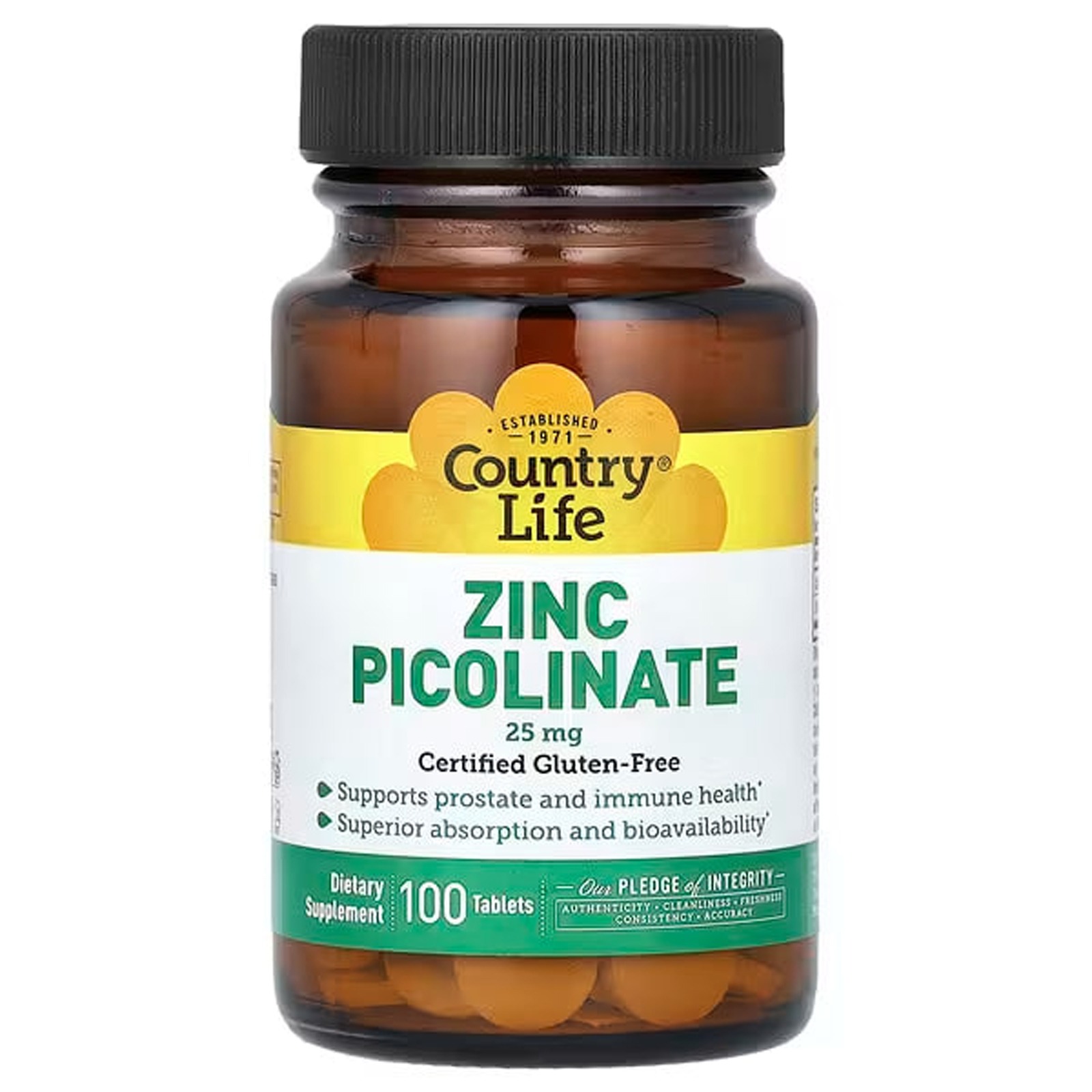 Цинк піколінат, Country Life Zinc Picolinate, 25 мг, 100 таблеток