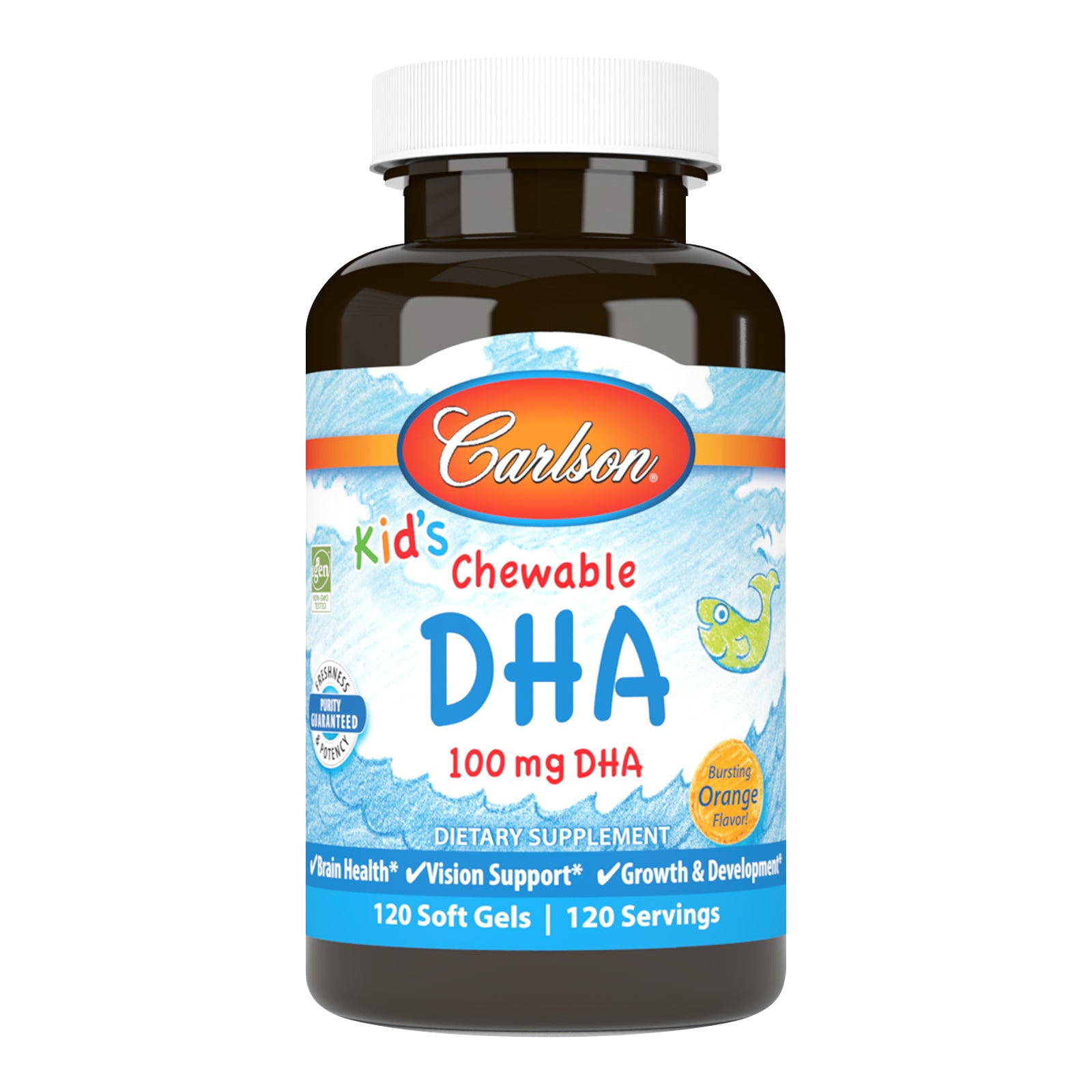 Риб'ячий жир з ДГК для дітей, Carlson Labs Kids Chewable DHA, 120 м'яких капсул (апельсин)