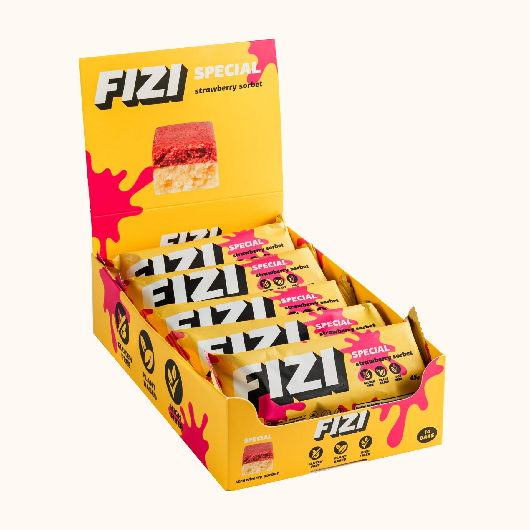 Протеїновий батончик, FIZI Special Box 10 шт. по 45 г. (Полуничний сорбет)