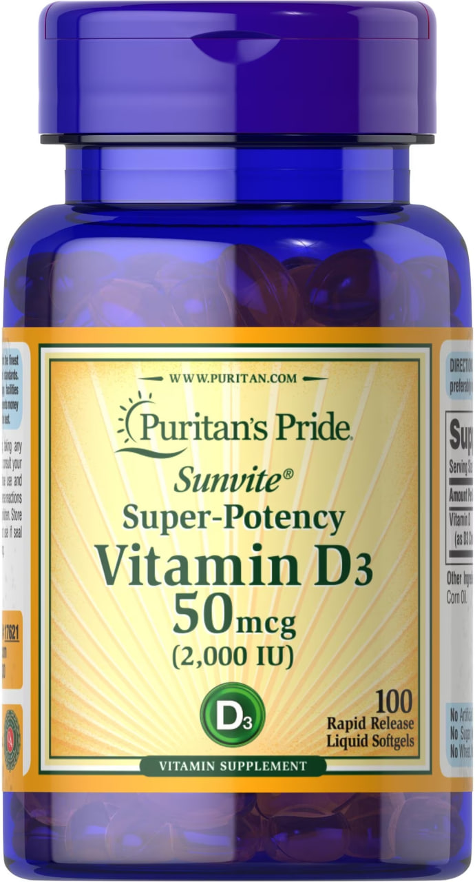 Вітамін D3, Puritan's Pride Vitamin D3, 2000 МО, 100 м'яких капсул