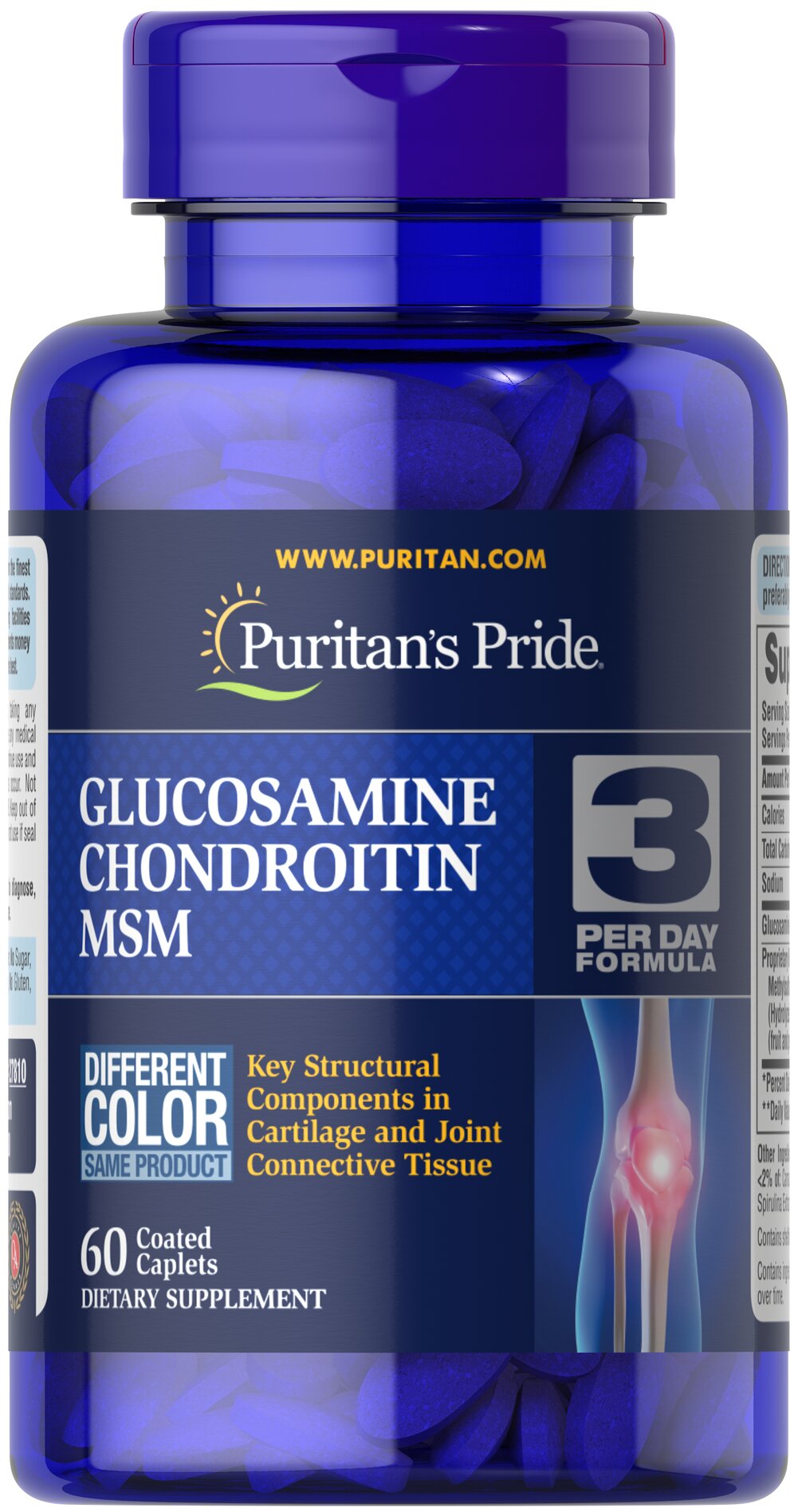 Глюкозамін, хондроїтин та МСМ, Puritan's Pride Glucosamine, Chondroitin & MSM-3 Per Day Formula, 500/400 мг, 60 шт.