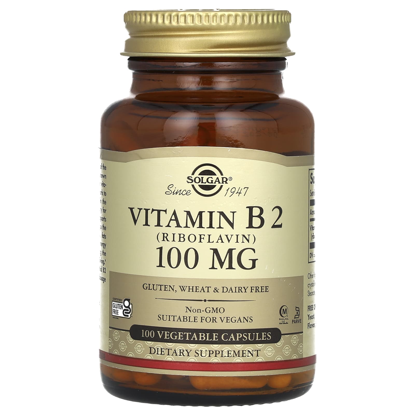 Рибофлавін (вітамін В2), Solgar Vitamin B2, 100 мг, 100 вегетаріанських капсул