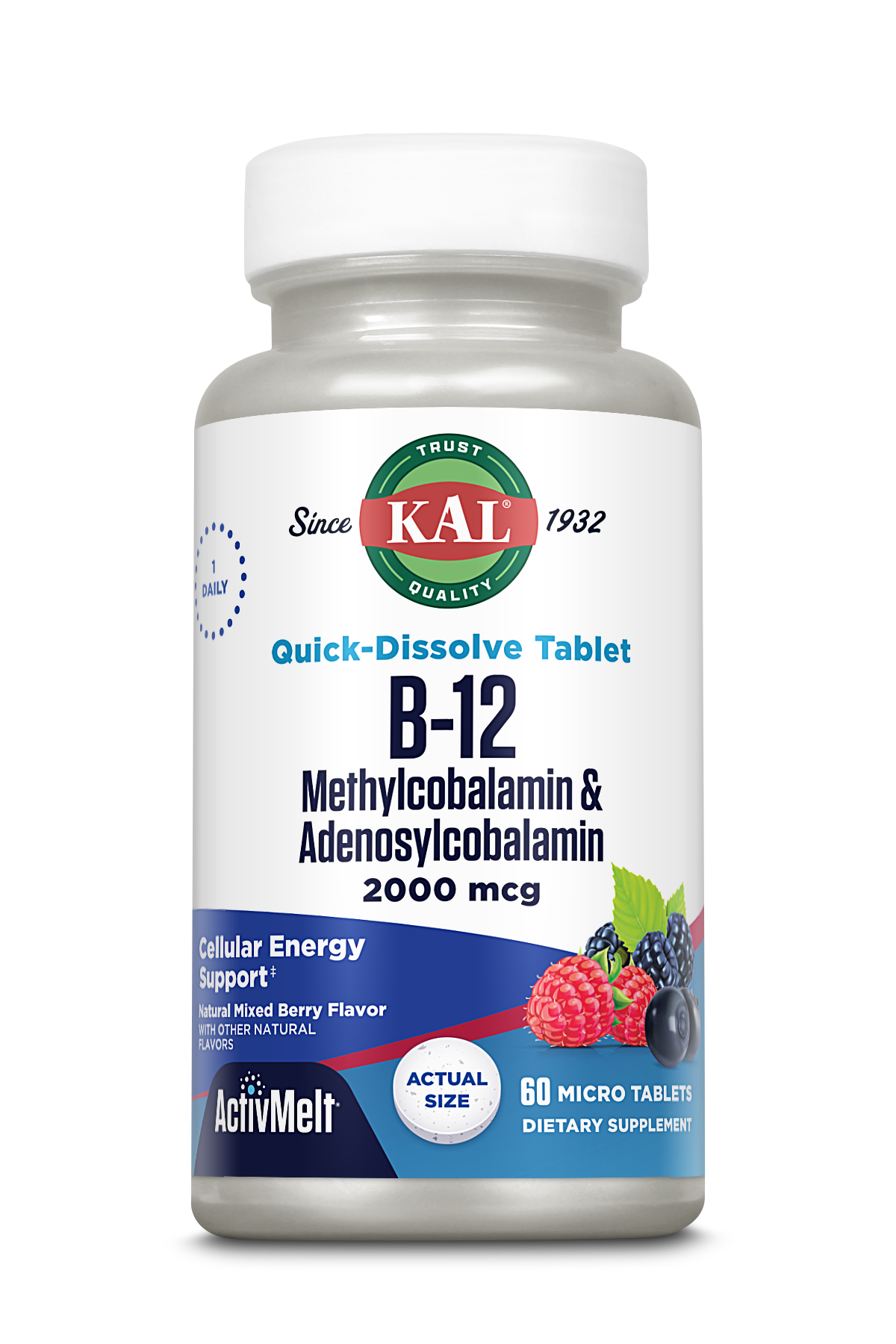 Вітамін B12 метилкобаламін та аденозилкобаламін, Kal B-12 Methylcobalamin & Adenosylcobalamin, 2000 мкг, 60 таблеток (Ягоди)