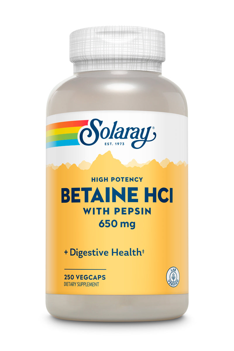 Бетаїн HCl та пепсин, Solaray High Potency Betaine HCl with Pepsin, 650 мг, 250 вегетаріанських капсул