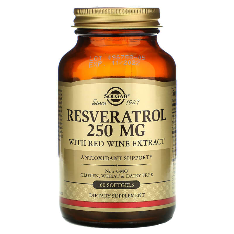 Ресвератрол з екстрактом червоного вина, Solgar Resveratrol with Red Wine Extract, 250 мг, 60 м'яких капсул