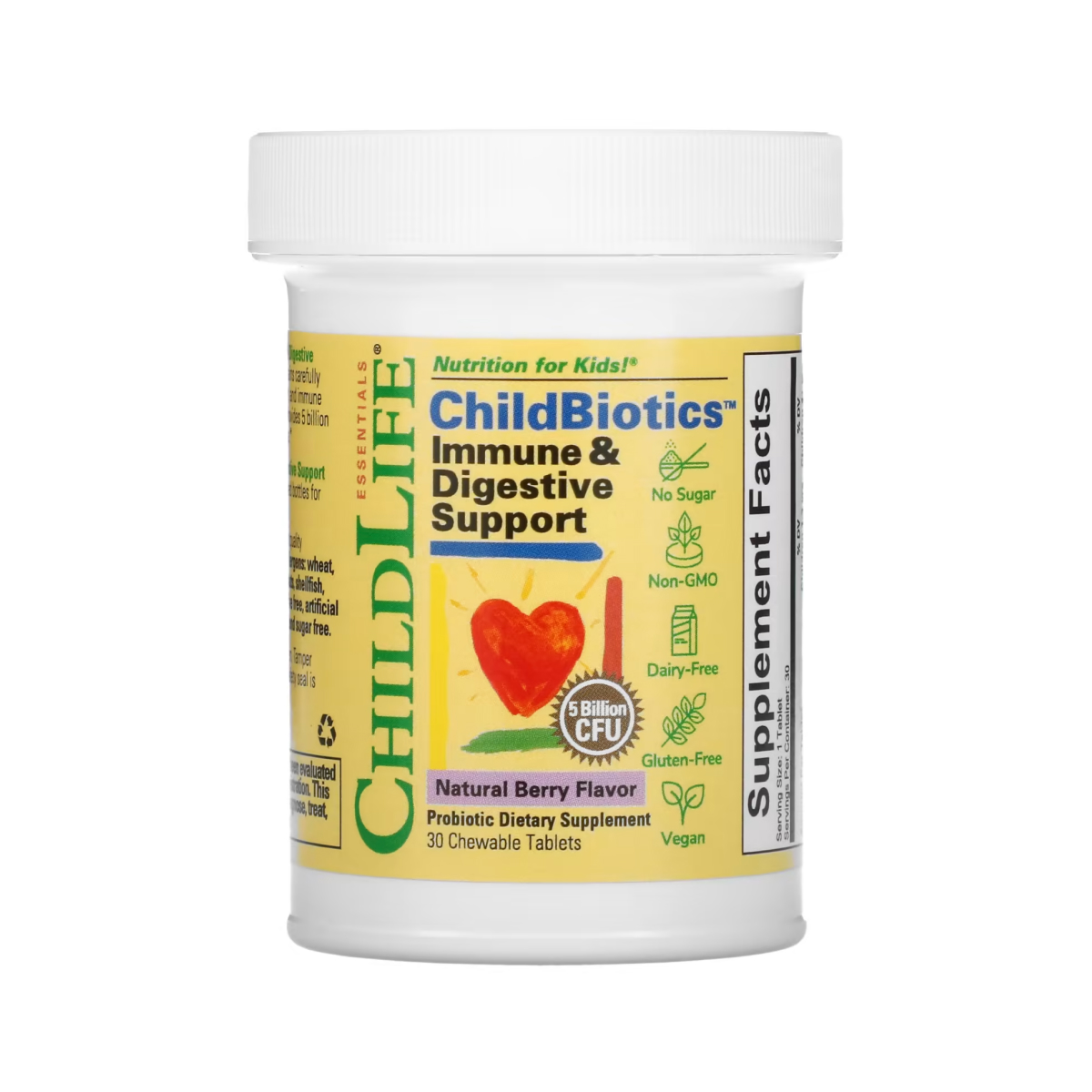 Пробіотики для підтримки імунітету та травлення, ChildLife ChildBiotics Immune + Digestive Support, 5 млрд КУО, 30 таблеток (Ягоди)