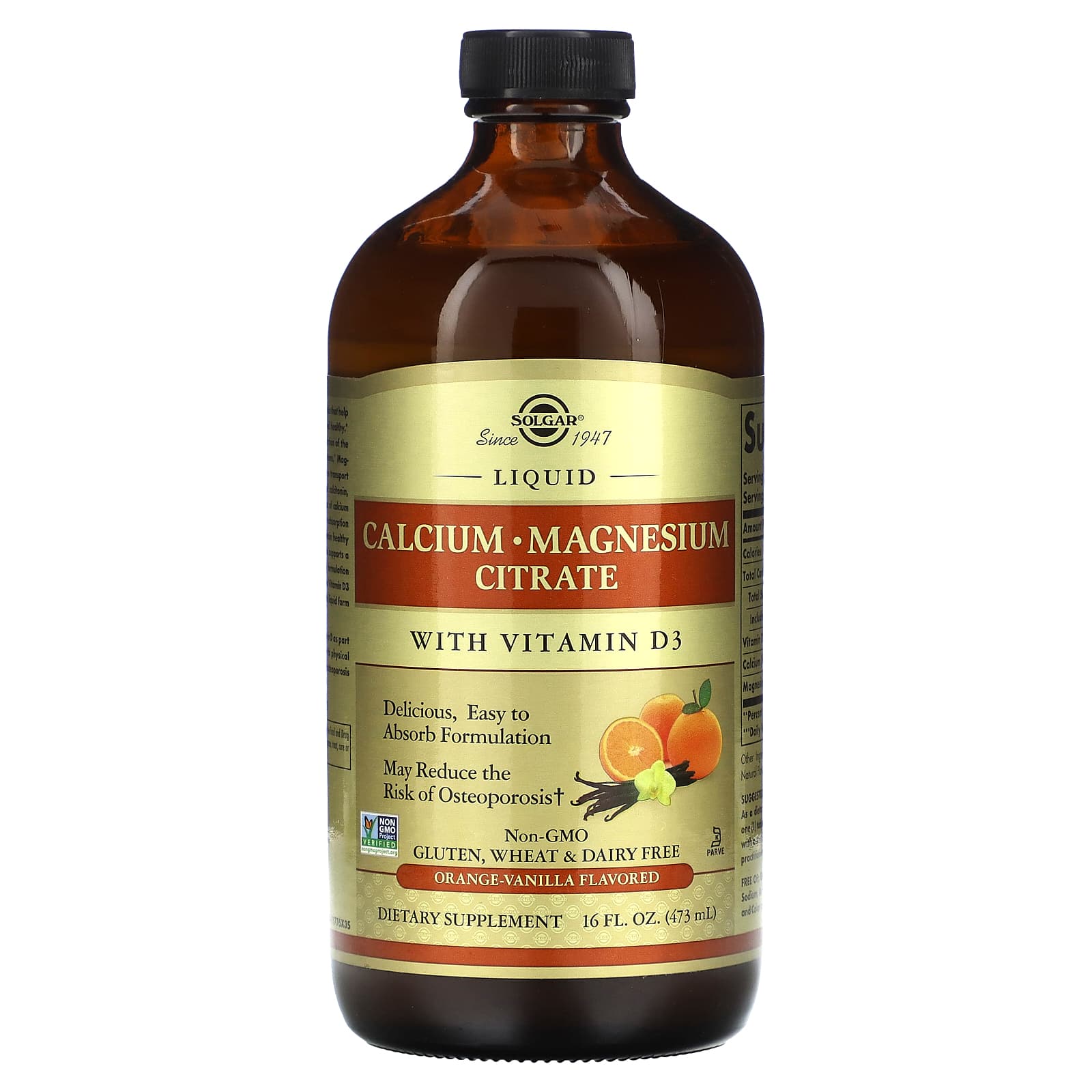 Рідкий цитрат кальцію та магнію з вітаміном D3, Solgar Liquid Calcium Magnesium Citrate with Vitamin D3, 473 мл (апельсин-ваніль)