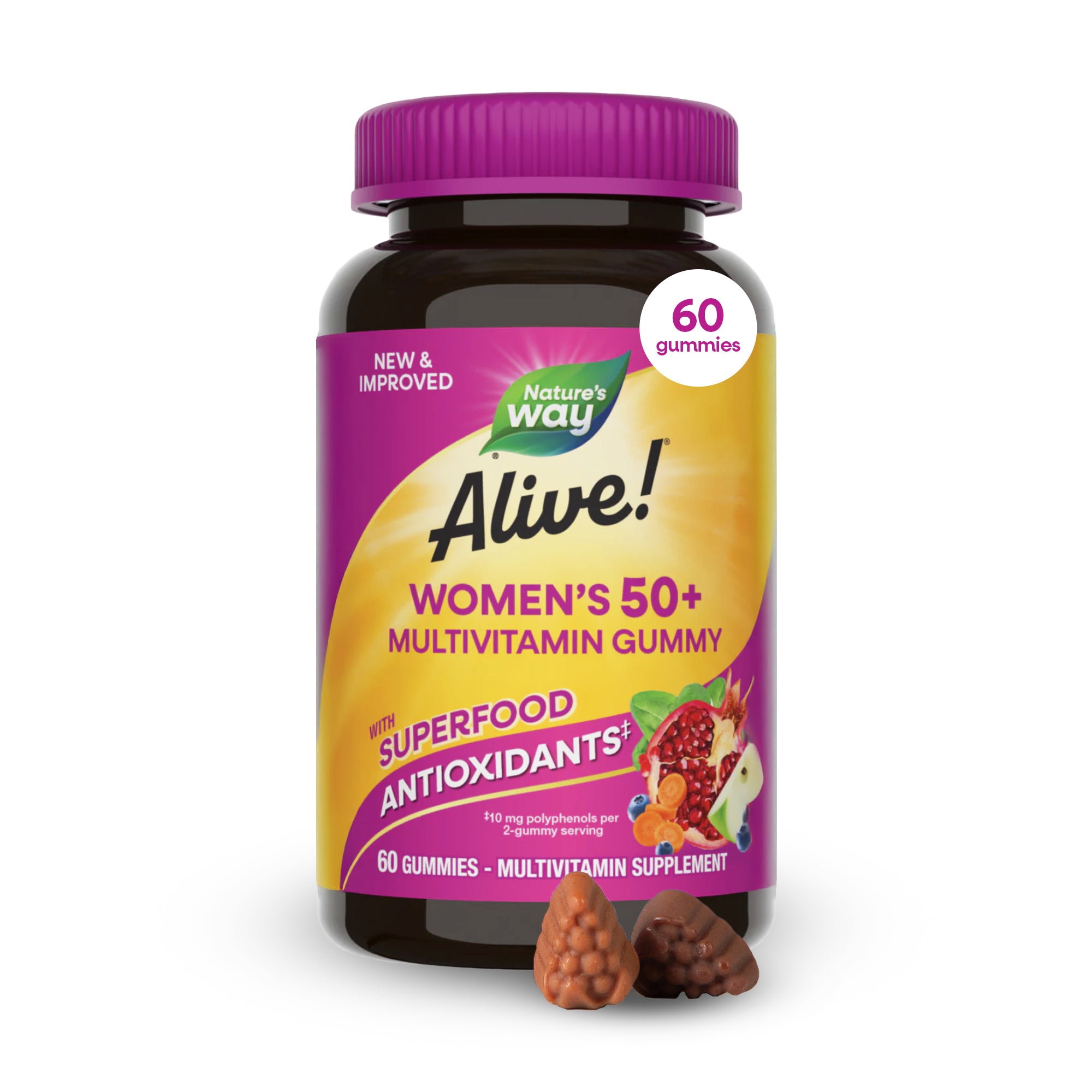 Мультивітаміни для жінок після 50, Nature's Way Alive! Women's 50+ Multivitamin Gummy, 60 жувальних цукерок (ягідний мікс)