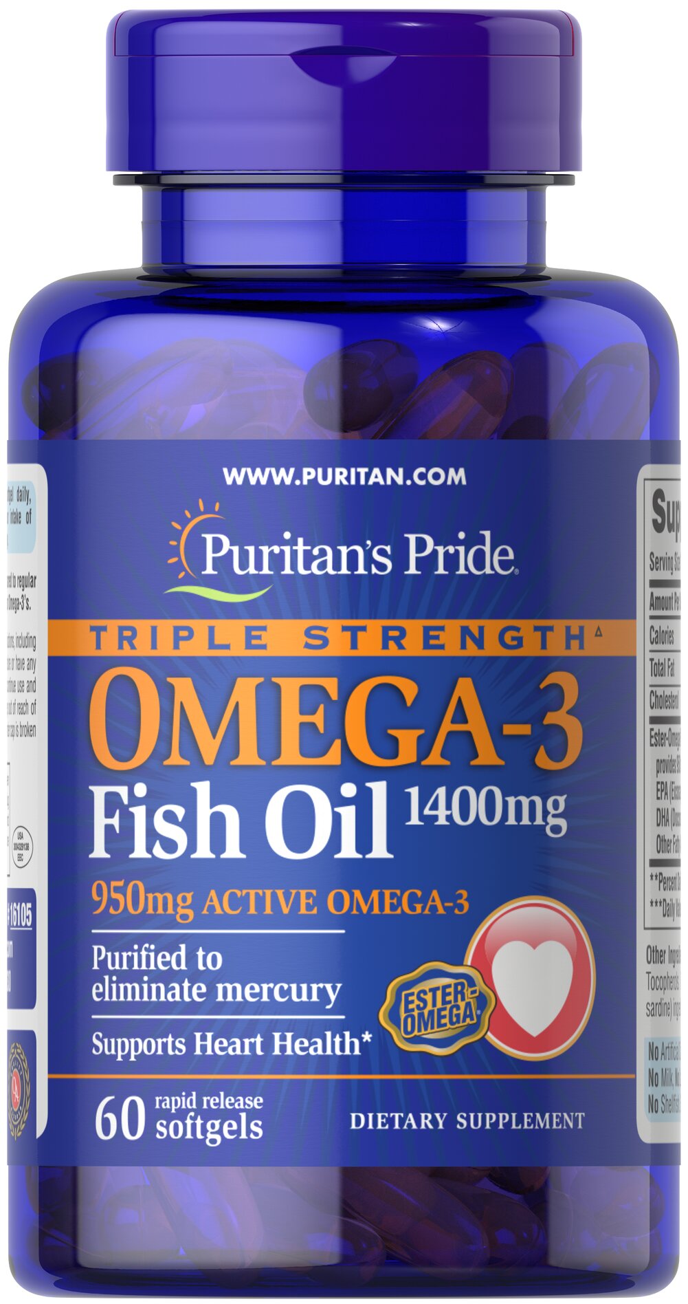 Омега-3 риб'ячий жир, Omega-3 Fish Oil, Puritan's Pride, 1400 мг (950 мг активного омега-3), 60 гелевих капсул