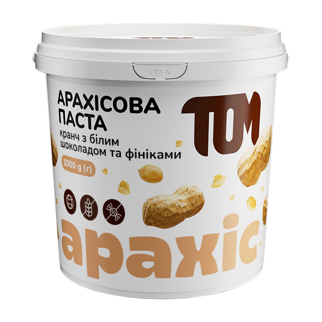 Арахісова паста, TOM peanut butter peanut butter, 1 кг (Кранч з фініками та білим шоколадом)