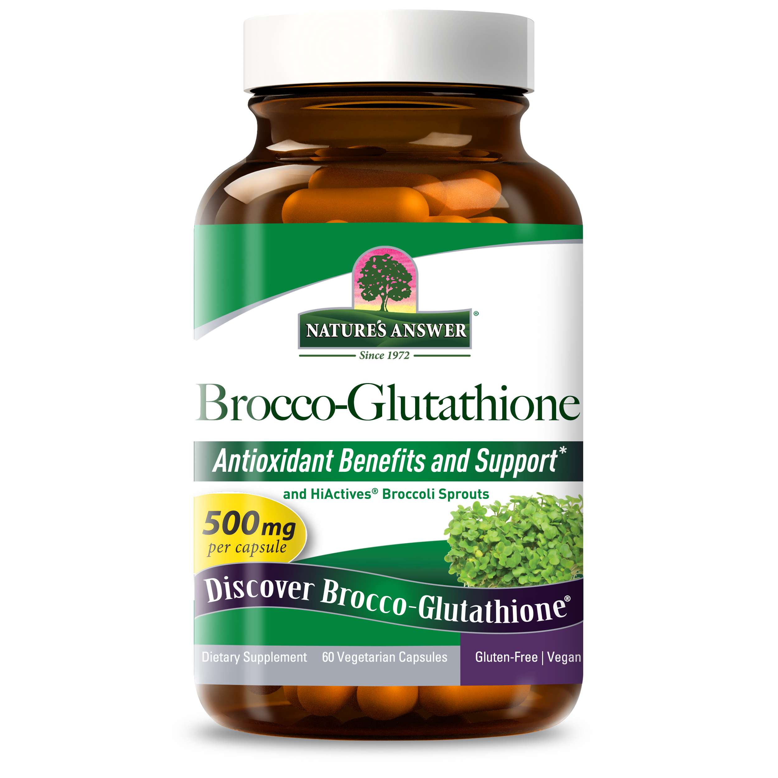 Брокко-глутатіон, Nature's Answer Brocco-Glutathione, 500 мг, 60 вегетаріанських капсул