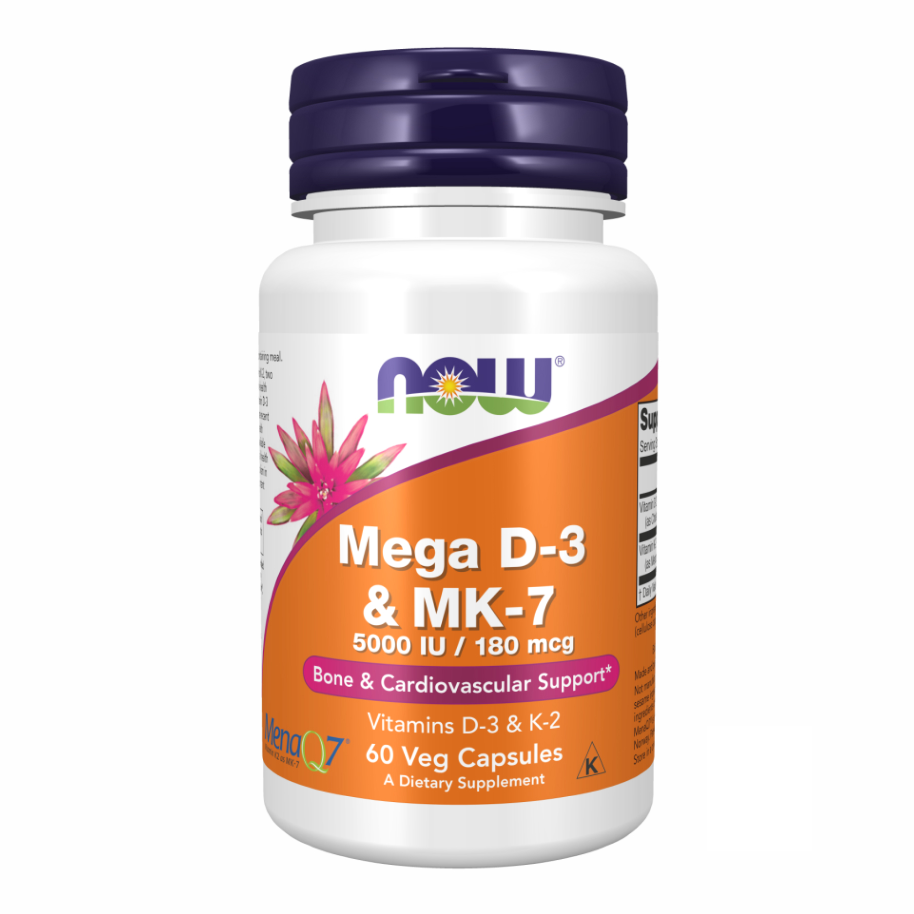 Вітамін D3 та K2 (МК-7), Now Foods Mega D-3 & MK-7, 5000 МО, 60 вегетаріанських капсул