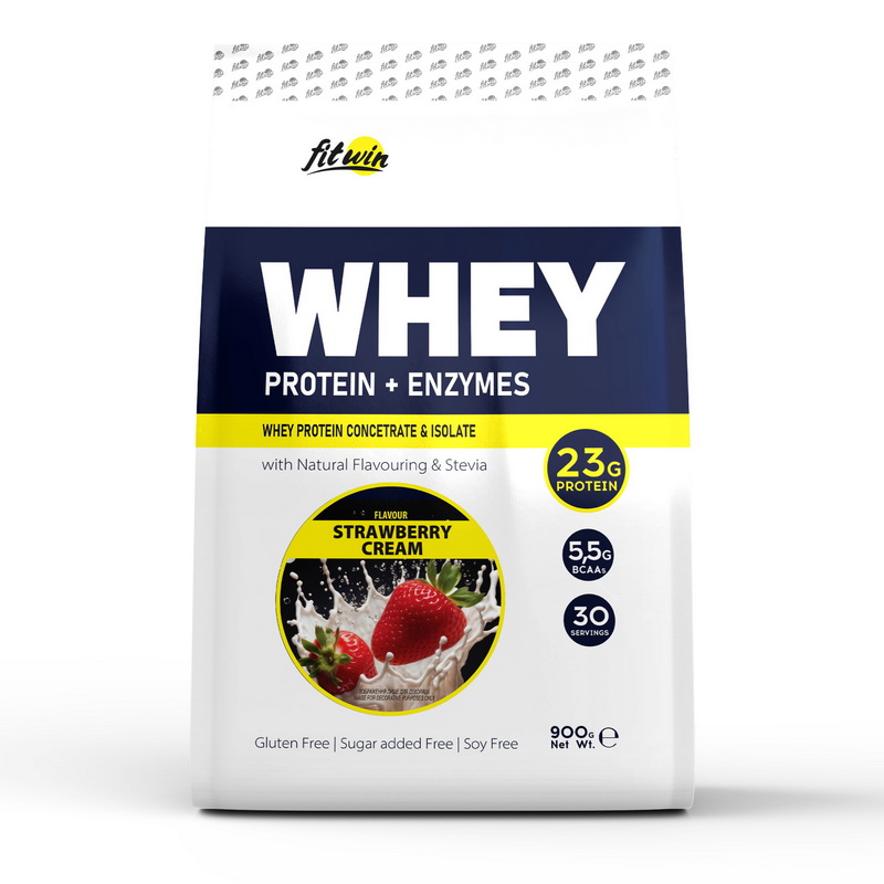 Протеїн сироватковий з ферментами, FitWin Whey Protein + Enzymes, 900 г (Полуничний крем)