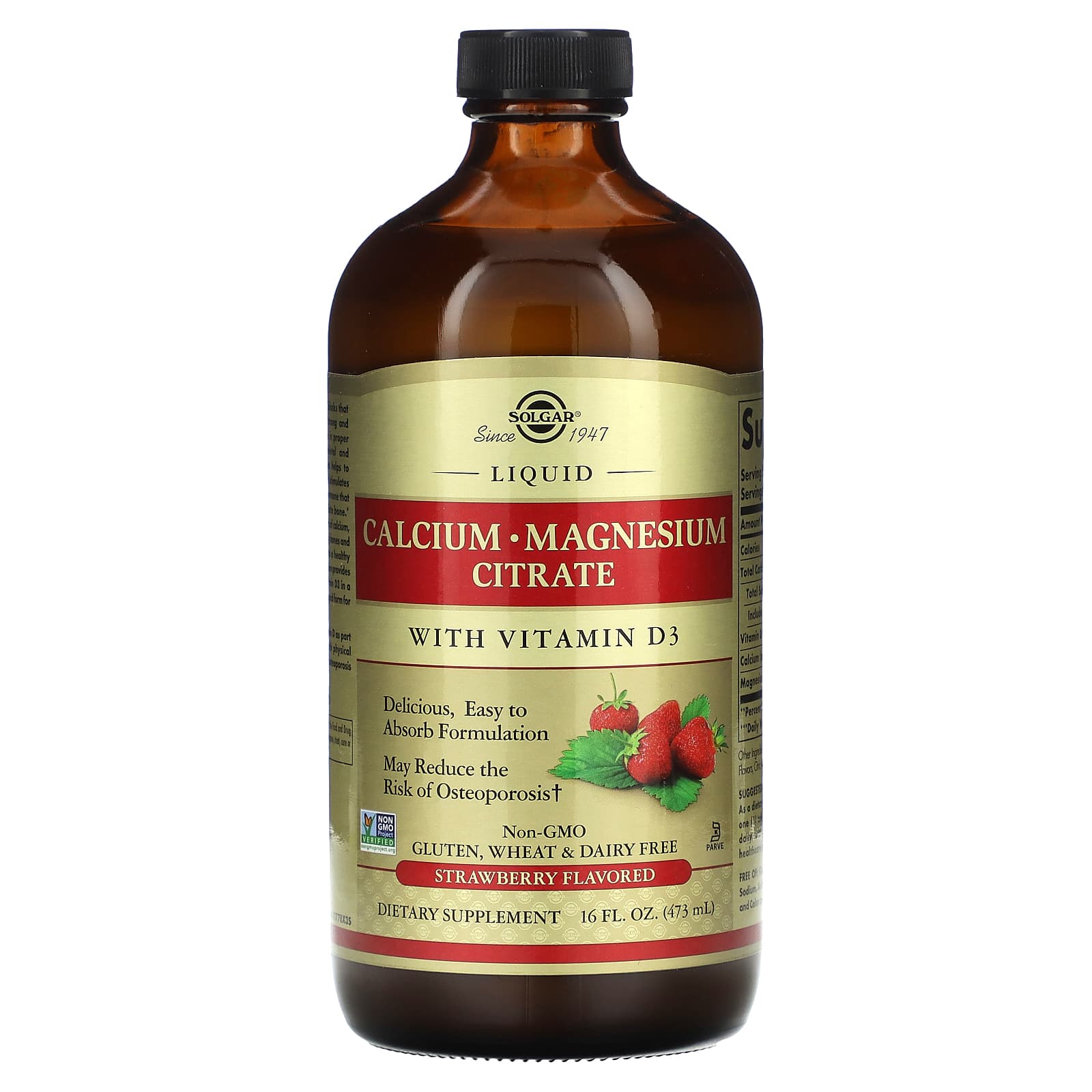 Кальцій магній та вітамін D3, Solgar Liquid Calcium Magnesium Citrate with Vitamin D3, 473 мл (полуниця)