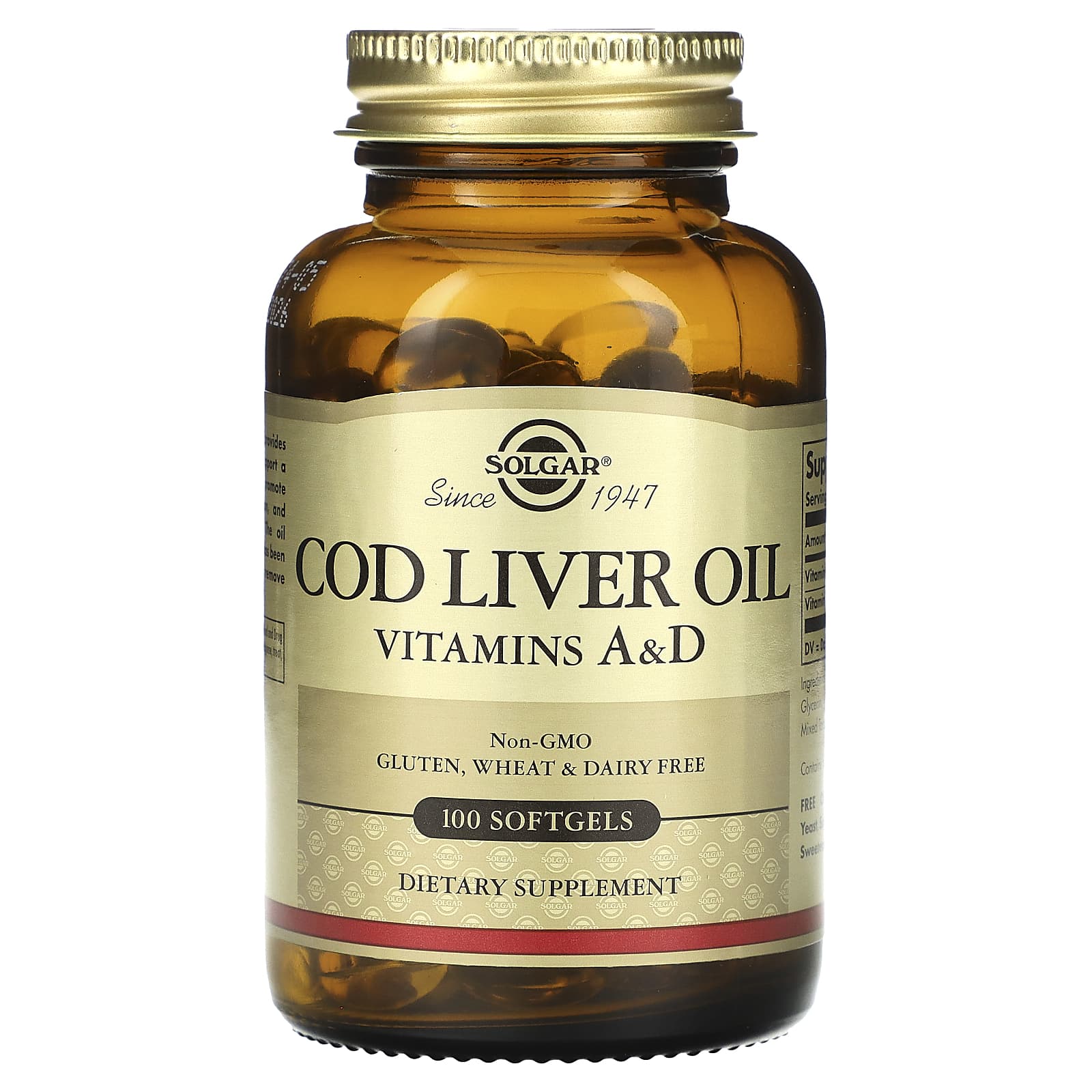 Вітамін А і D з олії печінки тріски, Solgar Cod Liver Oil Vitamins A & D, 100 м'яких капсул