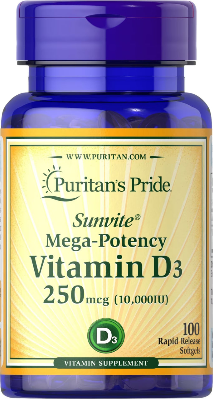 Вітамін D3, Puritan's Pride Vitamin D3 Mega-Potency, 10000 МО, 100 м'яких капсул