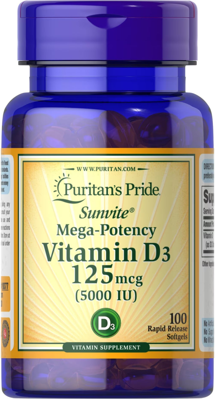 Вітамін D3, Puritan's Pride Vitamin D3, 5000 МО, 100 м'яких капсул