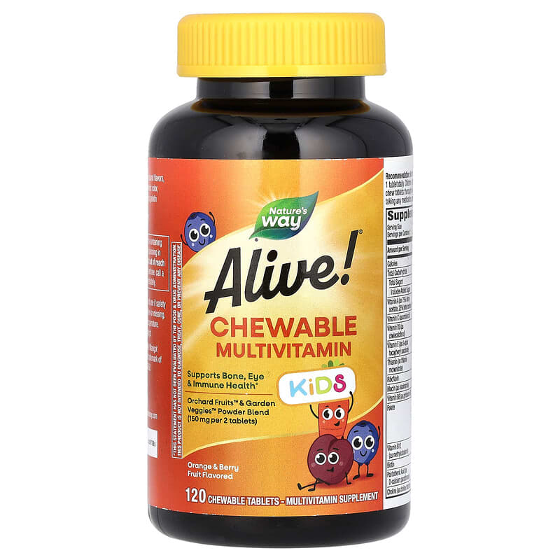 Мультивітаміни для дітей, Nature's Way Alive! Childrens Chewable Multi-Vitamin, 120 жувальних таблеток (апельсин і ягоди)