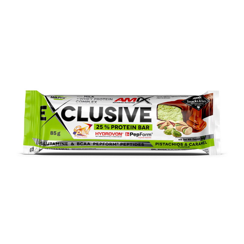 Протеїновий батончик, Amix Exclusive Protein Bar 25%, 85 г (Фісташки, Карамель)