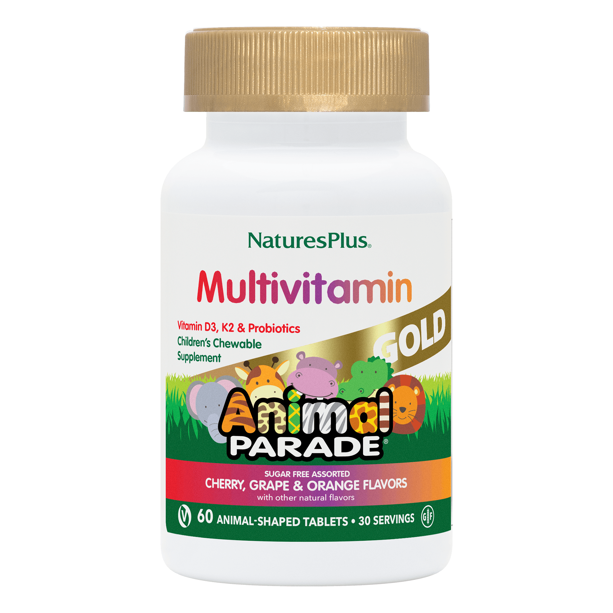 Мультивітаміни та мінерали для дітей, Natures Plus Animal Parade Gold Children's Chewable Multi-Vitamin & Mineral Supplement, 60 жувальних таблеток (вишня, виноград, апельсин)