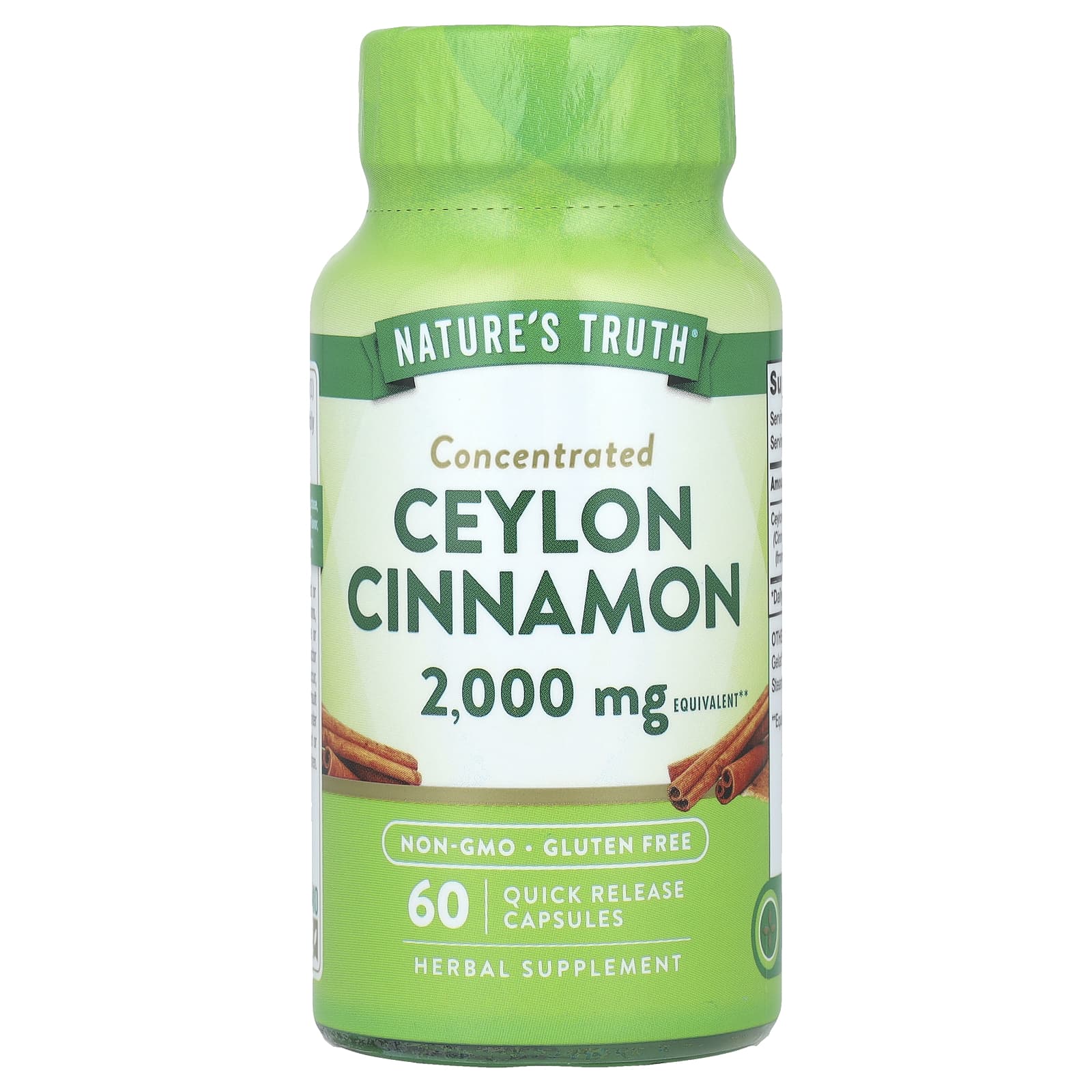 Кориця цейлонська, Concentrated Ceylon Cinnamon, Nature's Truth, концентрована, 2000 мг, 60 капсул швидкого вивільнення