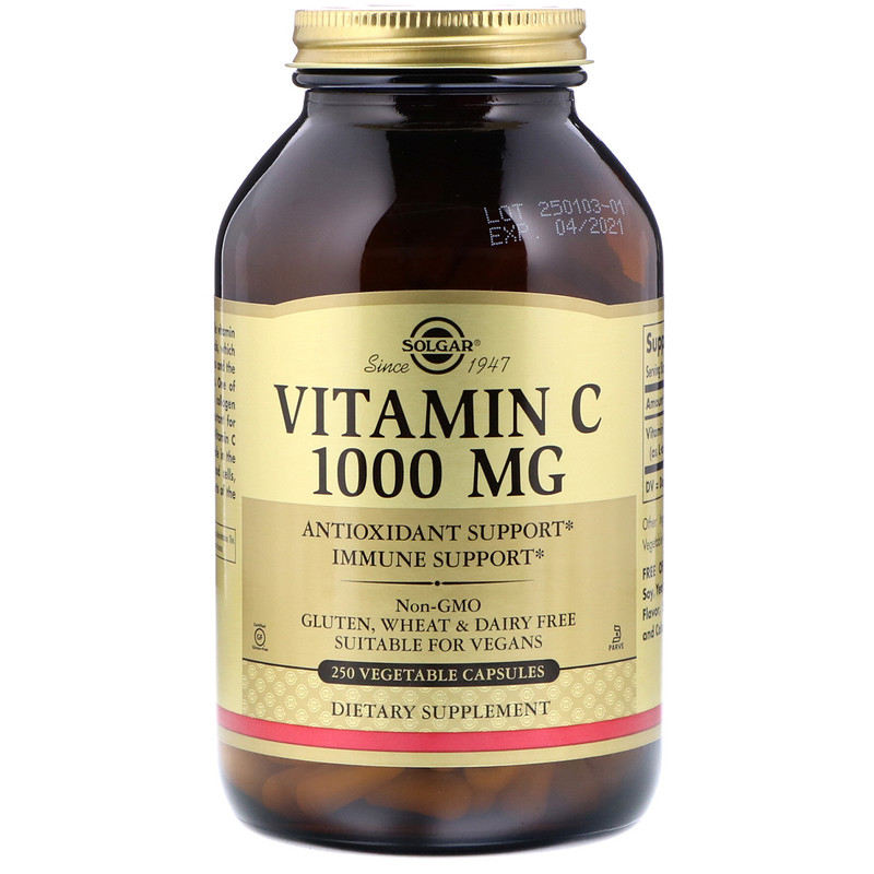 Вітамін С, Vitamin C, Solgar, 1000 мг, 250 рослинних капсул