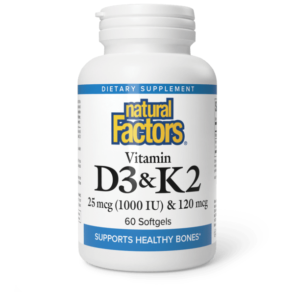 Вітамін D3 та K2, Natural Factors Vitamin D3 & K2, 1000 МО, 60 м'яких капсул