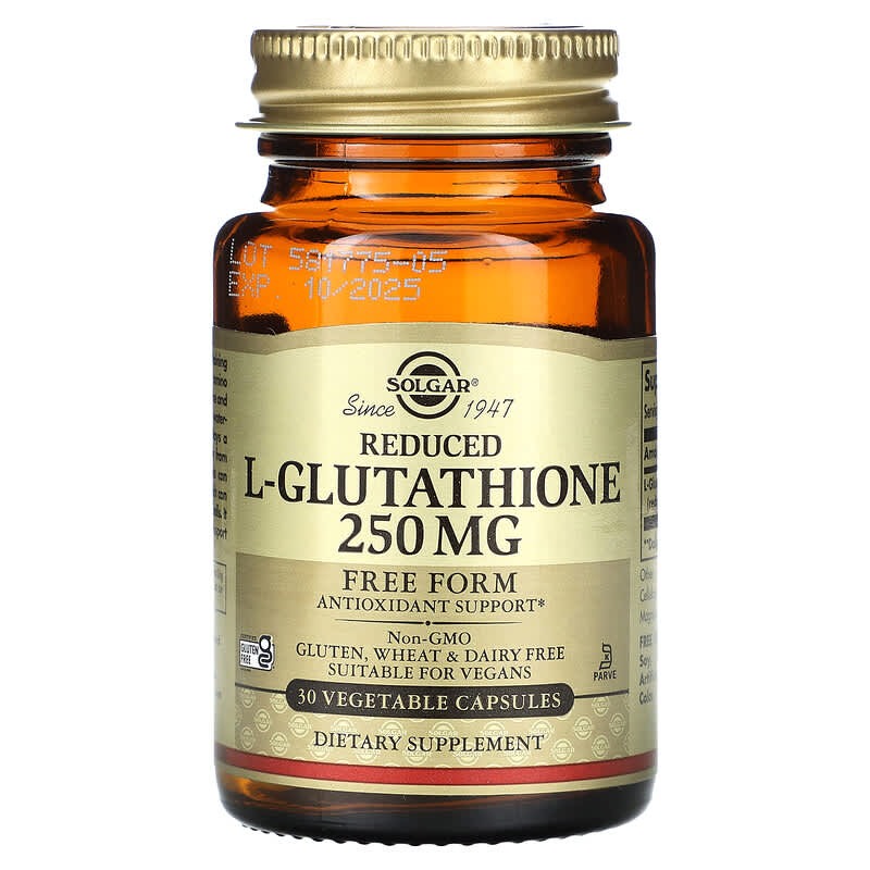 Глутатион, L-Glutathione, Solgar, пониженный, 250 мг, 30 вегетарианских капсул