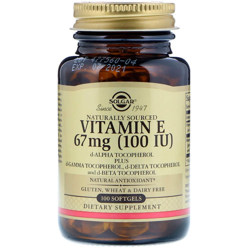 Вітамін Е, Solgar Vitamin E Naturally Sourced, 100 МО, 100 м'яких капсул