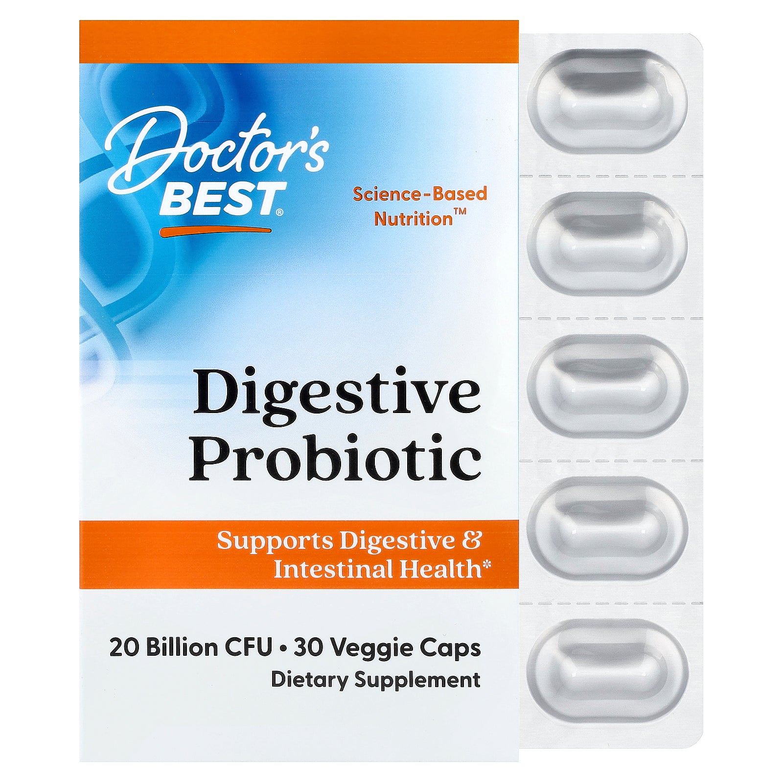 Пробіотики для травної системи, Doctor's Best Digestive Probiotic, 20 млрд КУО, 30 вегетаріанських капсул