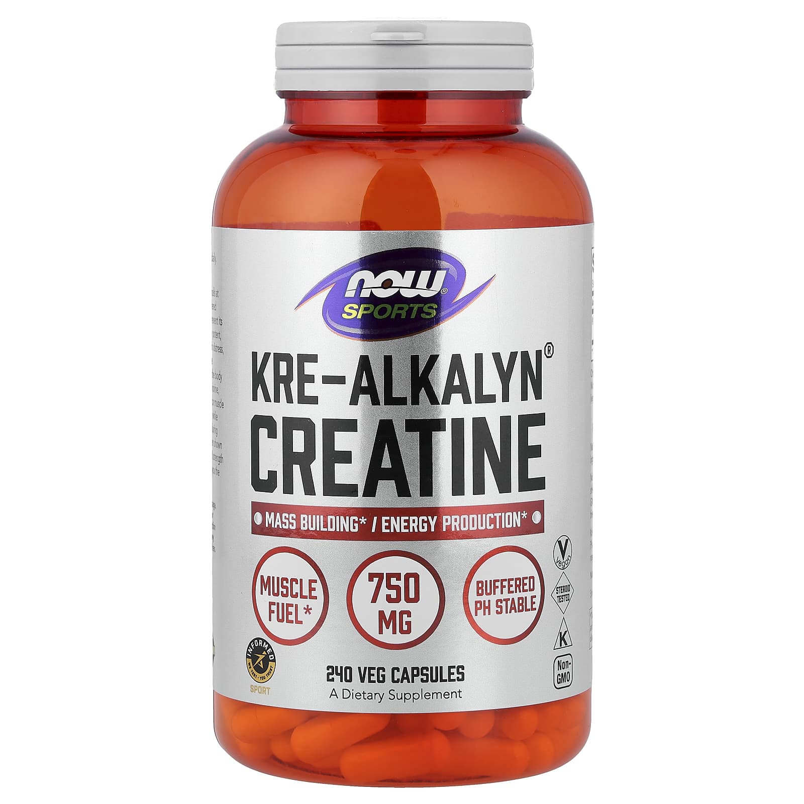 Креатин, Kre-Alkalyn Creatine, Now Foods, Sports, 750 мг, 240 вегетаріанських капсул
