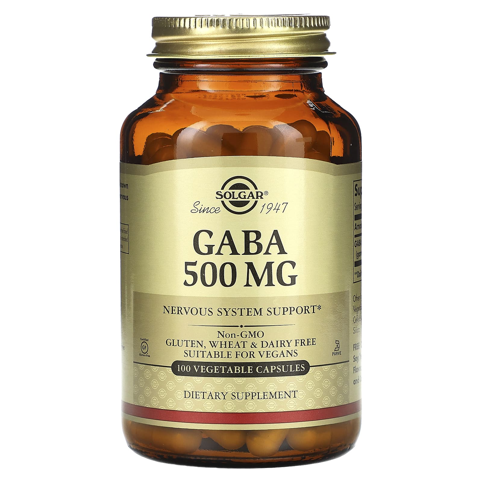 ГАМК (Гамма-аміномасляна кислота), Solgar GABA, 500 мг, 100 вегетаріанських капсул