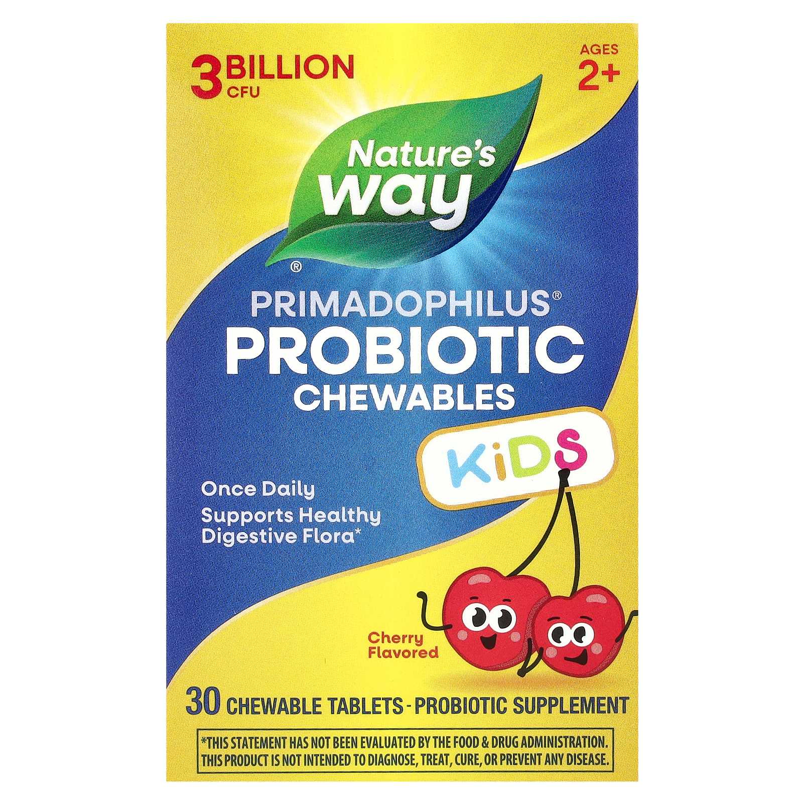 Пробіотики для дітей, Nature's Way Primadophilus Kids Probiotic Chewable, 3 млрд КУО, 30 жувальних таблеток (Вишня)